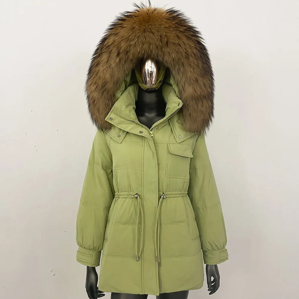 Damen Winter Parka mit Kapuze und Fellkragen Tunnelzug Weiß