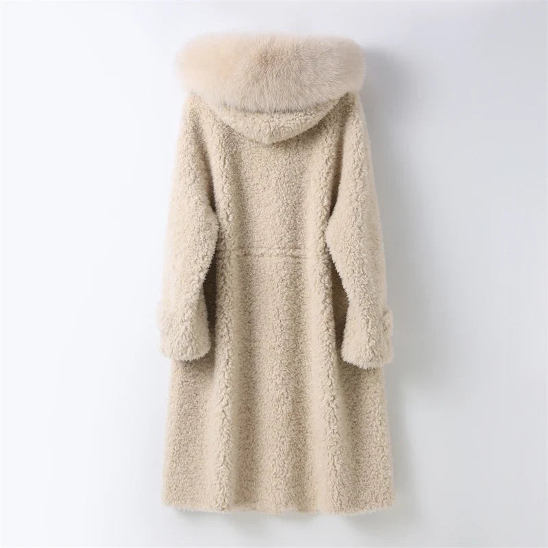 Damen Dufflecoat im Teddy-Look mit Kapuze und Fellkragen Beige