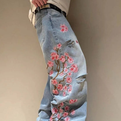 Loose Fit Jeans Damen Weite Bein Sakura-Stickerei Zerrissenes Design