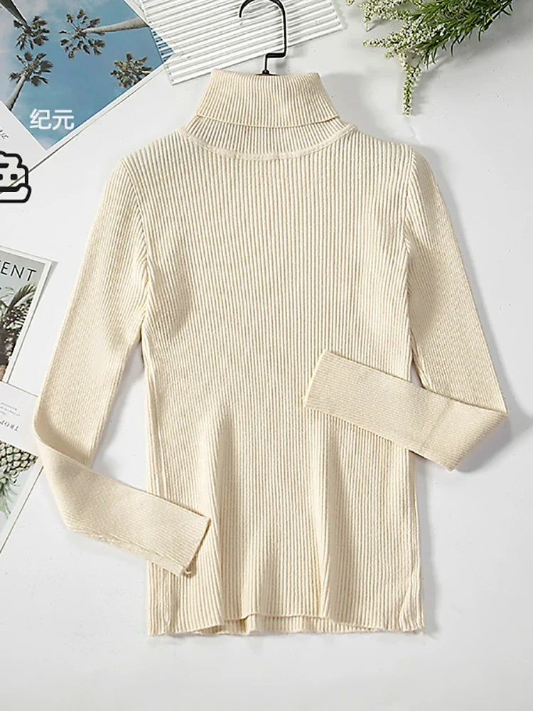 Gerippter Damen Rollkragenpullover Langarm Slim Fit