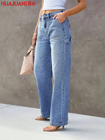 Damen Jeans Workerhose mit weitem Bein, Hellblau, High Waist, Vordertaschen