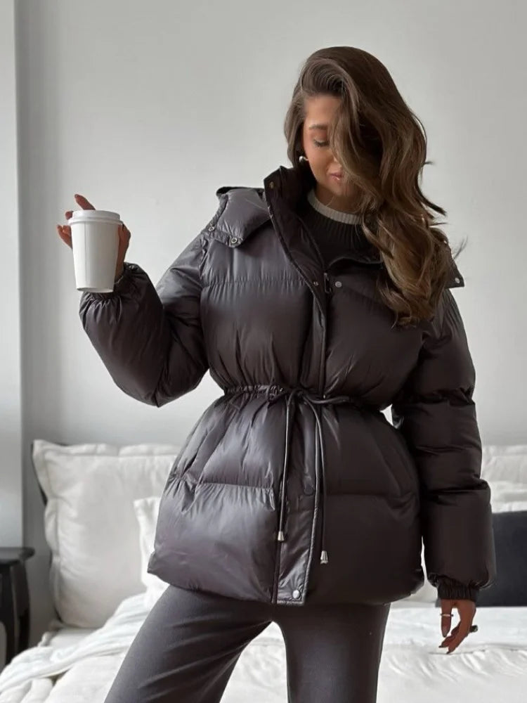 Damen Pufferjacke Stehkragen Gürtel Winterjacke