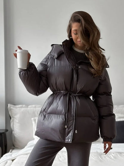 Damen Pufferjacke Stehkragen Gürtel Winterjacke