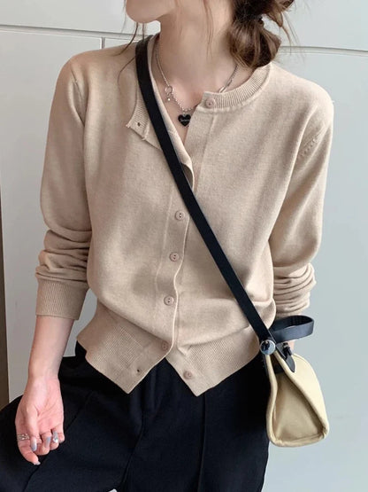 Damen Feinstrick Cardigan Rundhals Langarm Strickjacke
