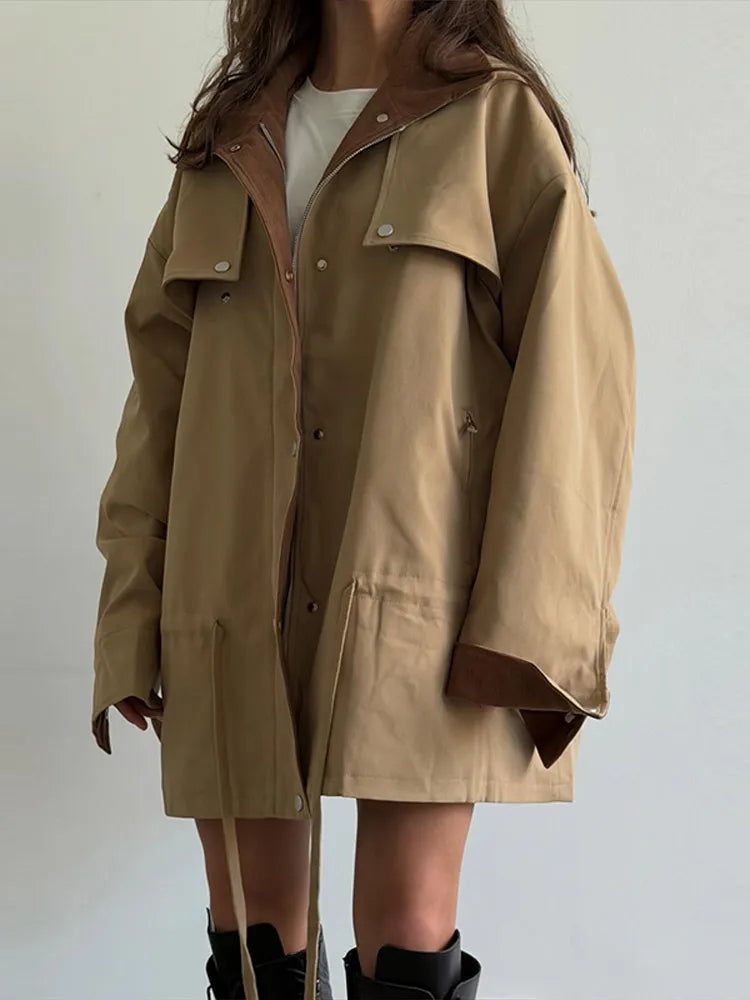 Damen Oversize Jacke mit Kordelzug Trenchcoat Style Khaki