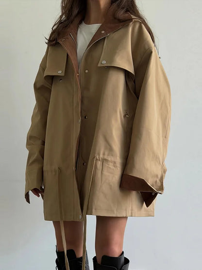 Damen Oversize Jacke mit Kordelzug Trenchcoat Style Khaki
