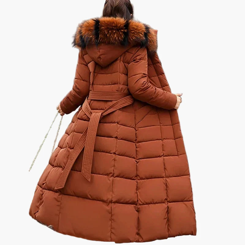 Damen Winter Steppmantel mit Kapuze und Fellkragen – Eleganter langer Mantel für Alltag & Freizeit, Koreanischer Stil