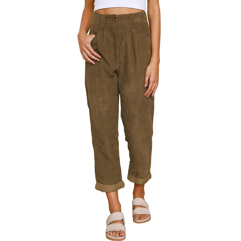 Damen Cordhose Plissee High Waist Cropped-Hose mit Falten