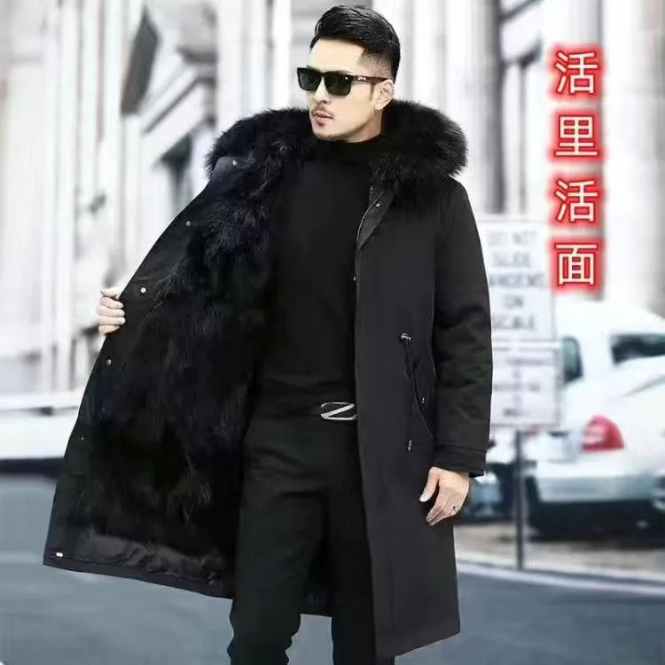 Herren Winterparka Schwarz mit Plüschfutter und Pelzbesatz Kapuze