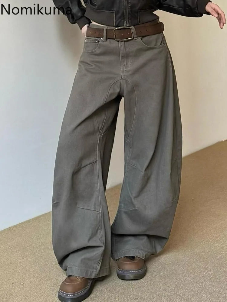 Weite Baggy Hose für Damen in Dunkelgrau/Braun mit geradem Bein