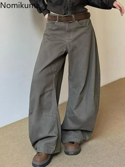 Weite Baggy Hose für Damen in Dunkelgrau/Braun mit geradem Bein