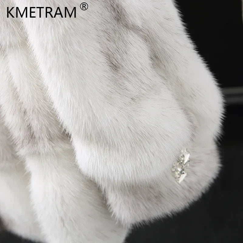 Damen Winterjacke Kunstpelz mit Kapuze Weiß Grau Gestreift