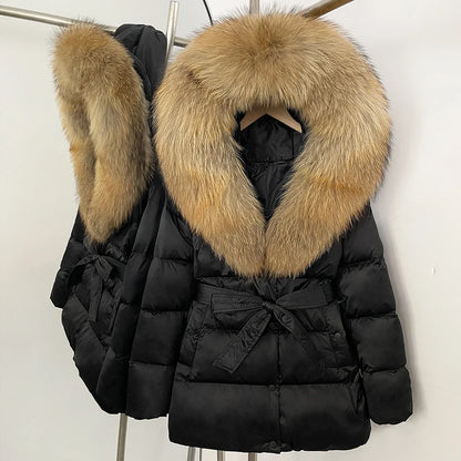 Damen Winter Steppjacke mit Kunstpelzkragen und Gürtel