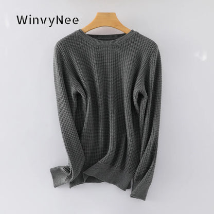 Damen Feinstrickpullover Rundhals Langarm Waffelmuster