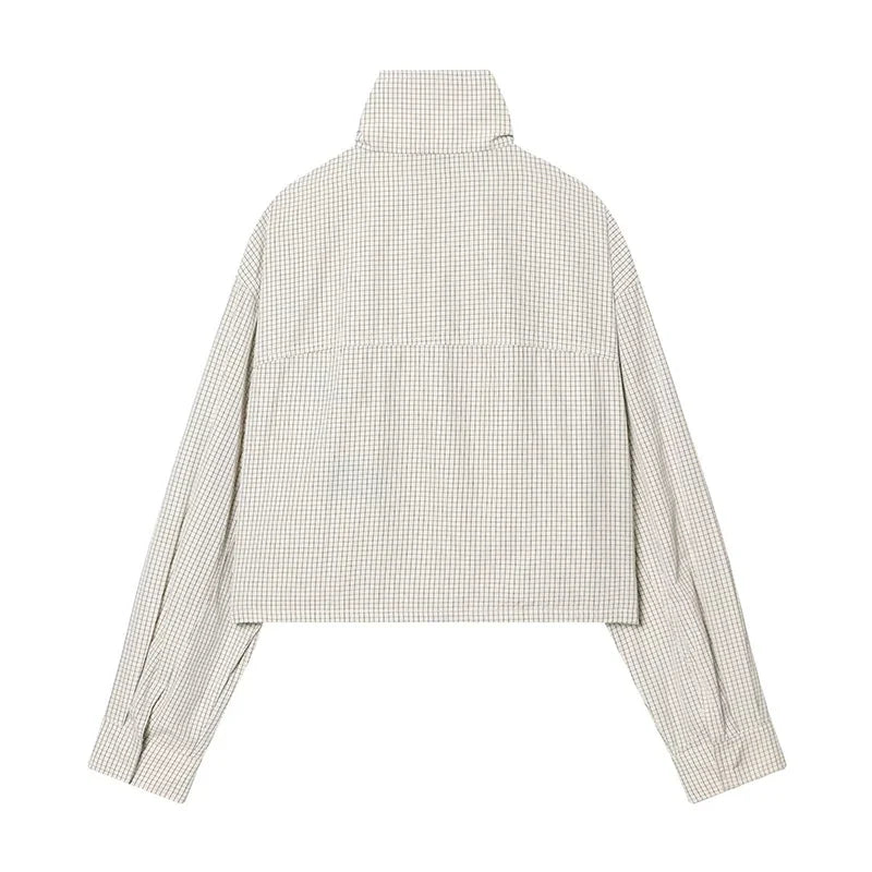 Damen Kurzjacke Karomuster Stehkragen Reißverschluss Beige
