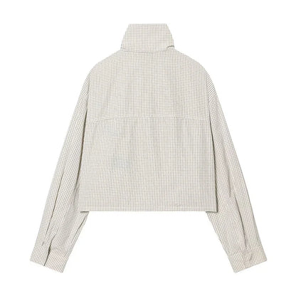 Damen Kurzjacke Karomuster Stehkragen Reißverschluss Beige