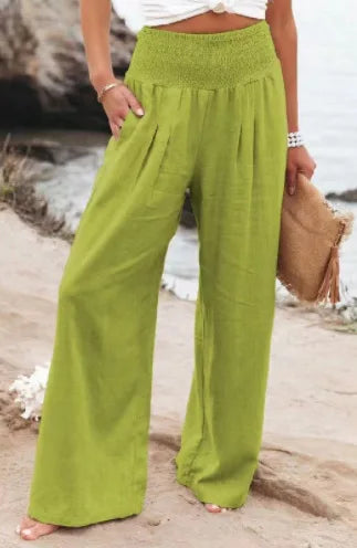 Damen Leinenhose mit weitem Bein und gerafftem Bund, lockere Freizeithose