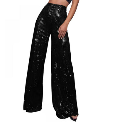 Damen Pailletten Weite Hose mit Hohem Bund Glamourös Glänzend Violett