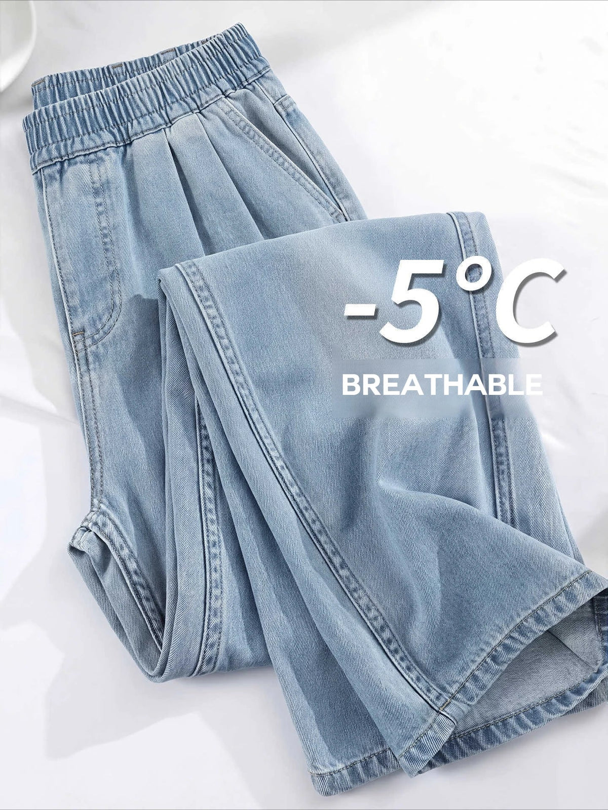 Damen Weite Hose Jeans Optik mit Gummibund Blau Schwarz Weiß