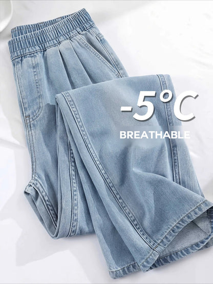 Damen Weite Hose Jeans Optik mit Gummibund Blau Schwarz Weiß
