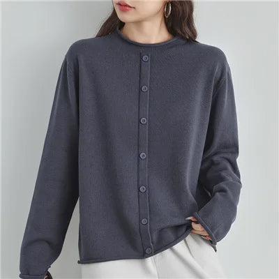 Damen Cardigan Strickjacke Rundhals Langarm Knöpfe Schwarz Braun Grau Rot