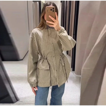 Damen Jacke kariert Tunnelzug beige