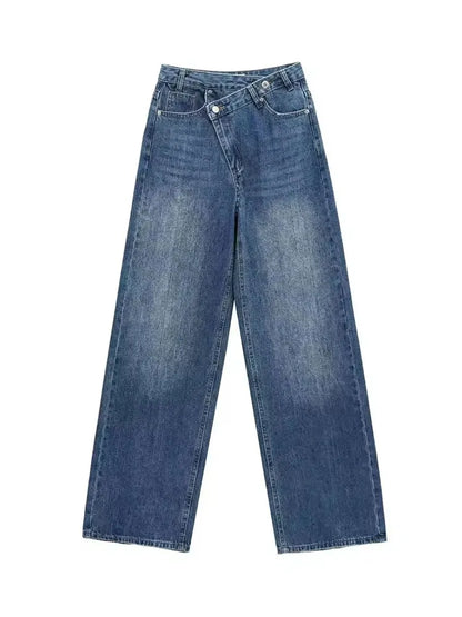 Damen Jeans Asymmetrischer Verschluss Hohe Taille Weites Bein