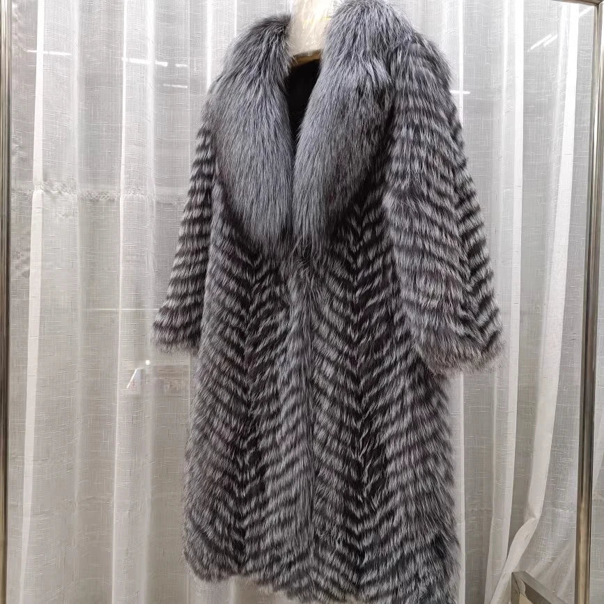 Damen Langer Mantel aus Kunstfell mit Chevron-Muster und Kragen