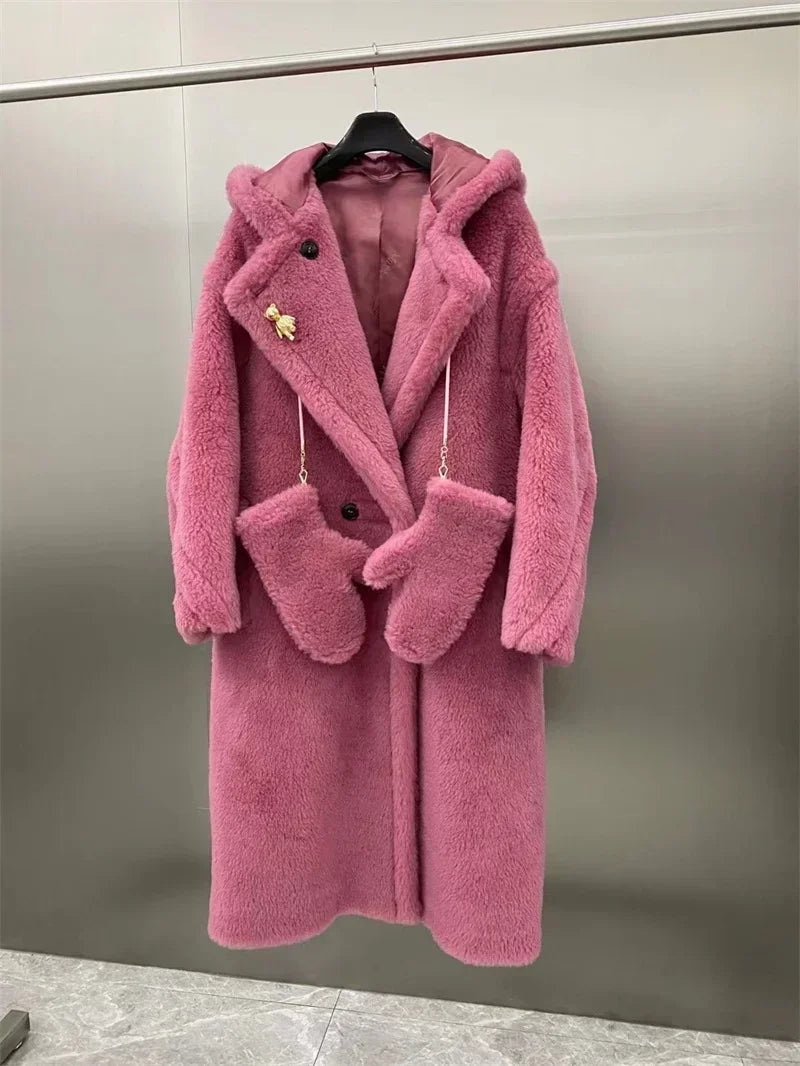 Damen Teddyfell Mantel lang mit Kapuze und Handschuhen