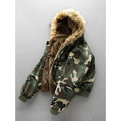 Unisex Winterjacke mit Kapuze, Teddyfell & Camouflage-Futter, Bomber-Stil