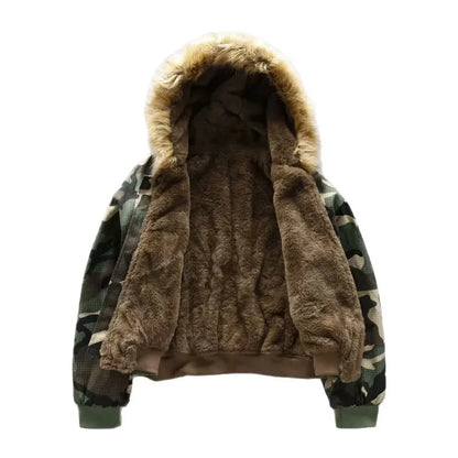 Unisex Winterjacke mit Kapuze, Teddyfell & Camouflage-Futter, Bomber-Stil