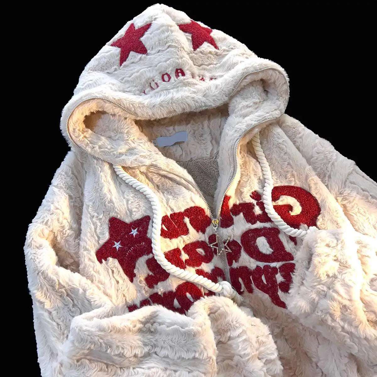 Unisex Teddy-Fleece Kapuzenjacke mit Reißverschluss und Sternenmuster