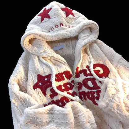 Unisex Teddy-Fleece Kapuzenjacke mit Reißverschluss und Sternenmuster