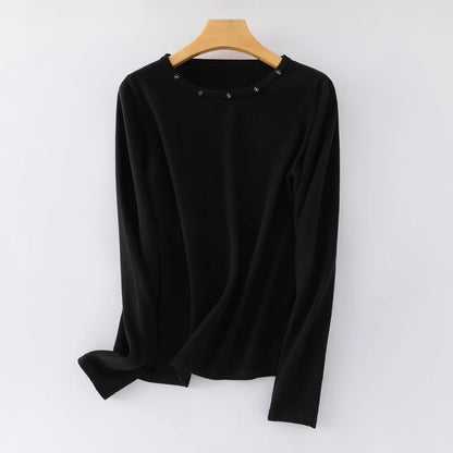 Damen Langarmshirt mit Rundhalsausschnitt & Zierknöpfen, Weicher Stoff, Mehrfarbig