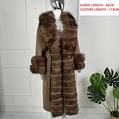 Brauner Damen Mantel mit Kunstpelzkragen und -manschetten, Wickeldesign, knöchellang