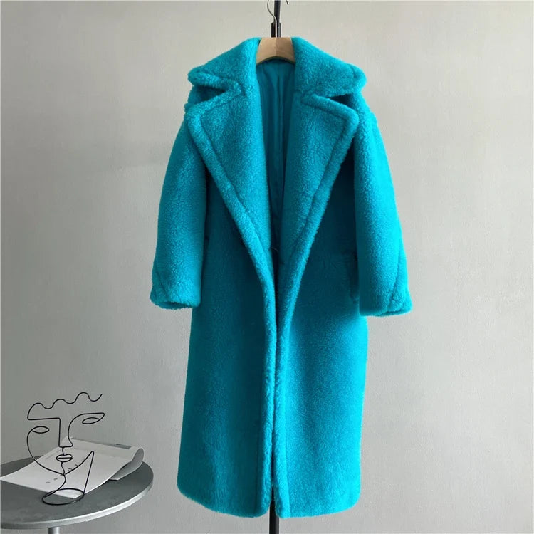 Damen Teddy-Mantel mit Reverskragen Lang Warmer Plüschmantel