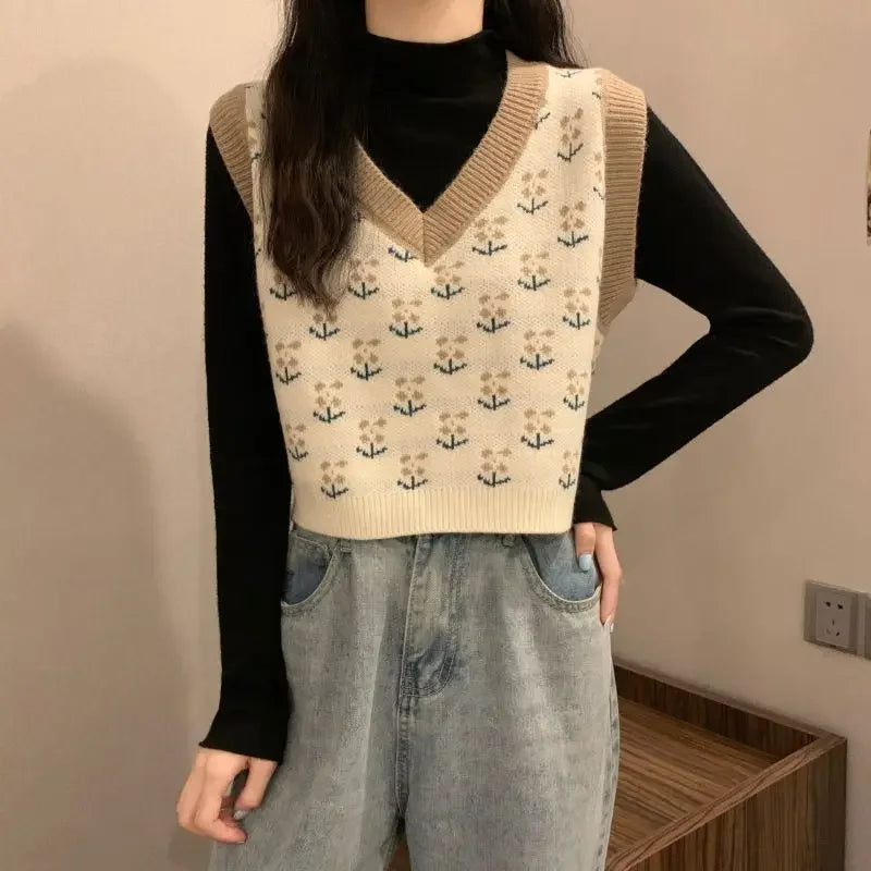 Damen Strickweste mit Blumenmuster V-Ausschnitt, ärmelloser Pullover