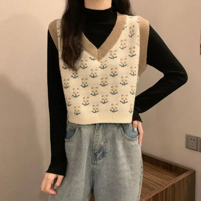 Damen Strickweste mit Blumenmuster V-Ausschnitt, ärmelloser Pullover