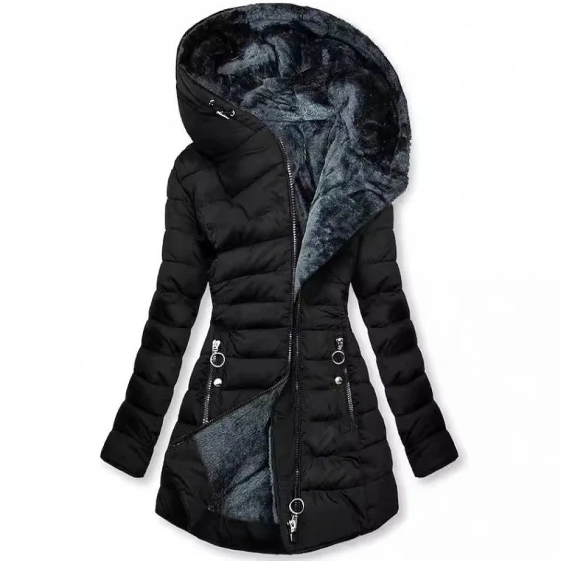 Damen Steppjacke mit Kapuze und Plüschfutter - Warme Winterjacke
