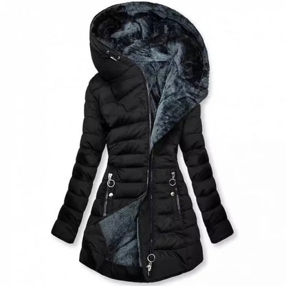 Damen Steppjacke mit Kapuze und Plüschfutter - Warme Winterjacke