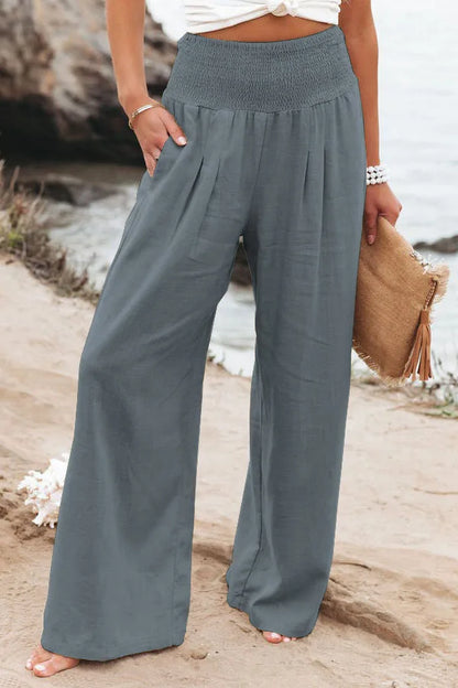 Damen Leinenhose mit weitem Bein und gerafftem Bund, lockere Freizeithose