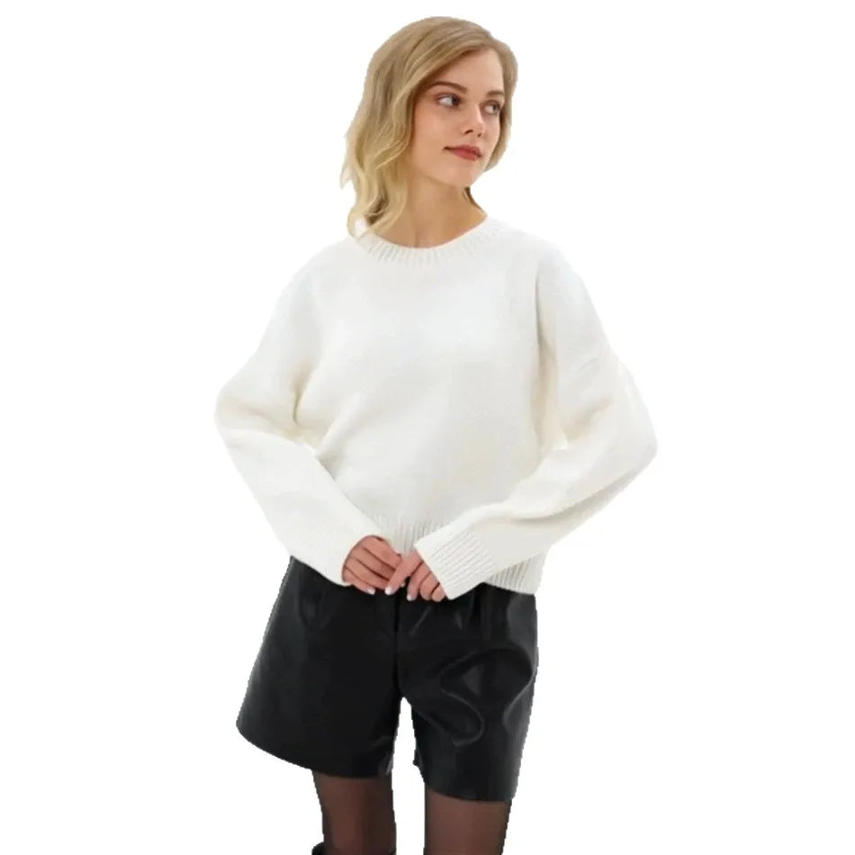 Damen Oversized Pullover Strickpullover Rundhals Langarm Weiß
