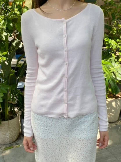 Damen Langarm Stricktop Rosa mit Knöpfen