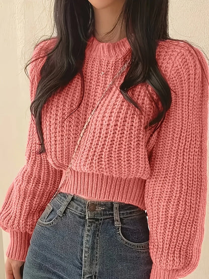 Damen Grobstrick Pullover Cropped Rundhals Lange Ärmel Braun