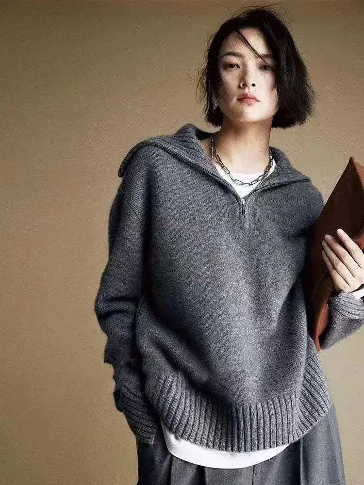 Damen Rollkragenpullover mit Reißverschluss Strickpullover Oversize Pullover Grau Weiß