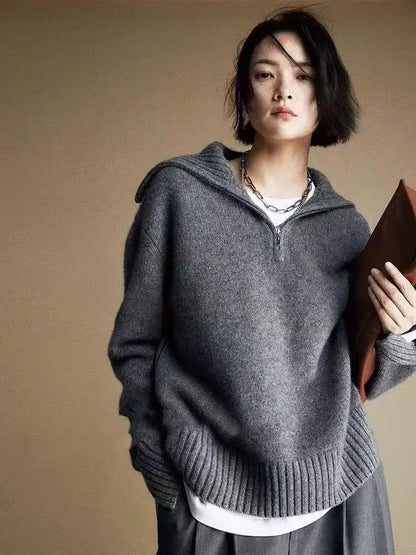 Damen Rollkragenpullover mit Reißverschluss Strickpullover Oversize Pullover Grau Weiß