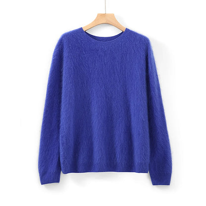 Damen Pullover flauschig weich Rundhalsausschnitt Langarm Strickpullover