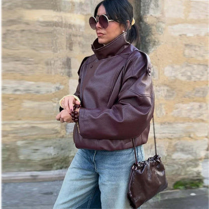 Damen Bikerjacke im Oversize-Stil mit Stehkragen und asymmetrischem Reißverschluss