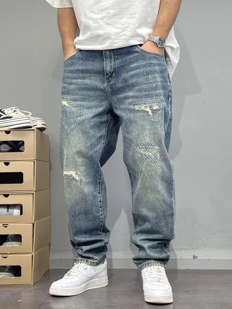 Jeans Herren Weite Passform Used-Look Blau Zerrissen