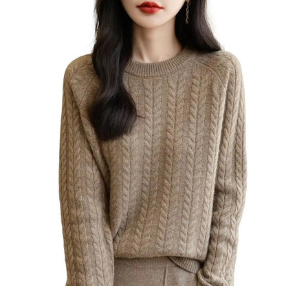 Damen Zopfstrick Pullover Rundhals Langarm Freizeit Strickpullover